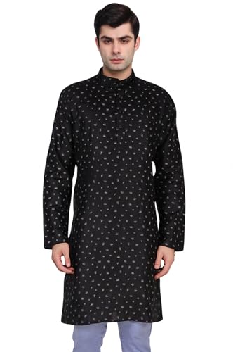 SKAVIJ Herren Baumwolle Langarm Tunika bedruckt Kurta, Schwarz , S