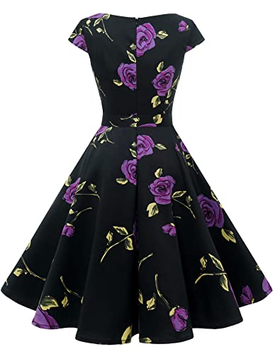 Bbonlinedress Women's Purple Vintage Dress 1950S Retro Square Neck Cocktail Swing Dress Black Purple Brose S #TOP1