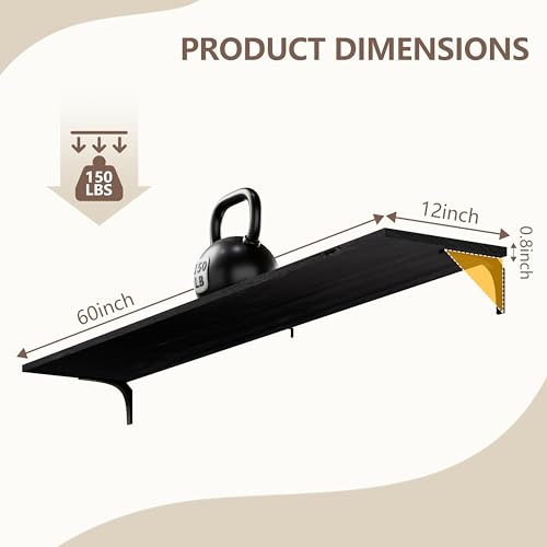 Image of 12 Inch Deep Floating Shelves Set of 4, 60 Inch Extra Wide Black Solid Wood Wall Shelves, 5ft Heavy Duty Farmhouse Wall Mounted Shelving for Kitchen, Living Room & Bedroom