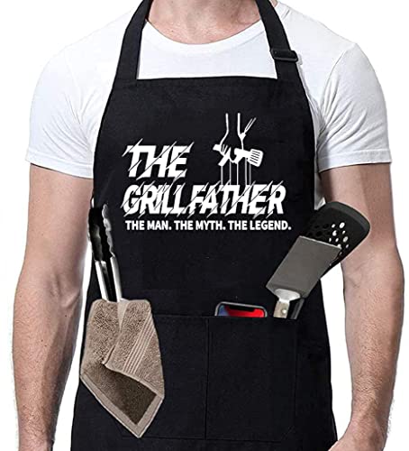 ZOORON Funny Black Chef Aprons for Men Adjustable BBQ Kitchen Cooking Aprons with Pocket Waterproof Oil Proof Father’s Day/Birthday (The Grillfather)