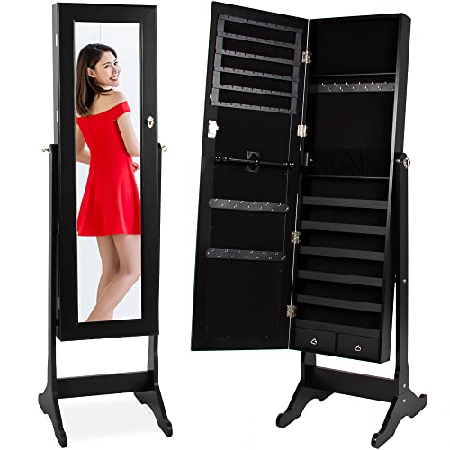 Best Choice Products Freestanding Jewelry Armoire Cabinet, Full Length Standing Mirror, Lockable Makeup Storage Organizer, w/Velvet Lining, 3 Angles, Lock, Accessory Pouch, 5 Shelves - Black