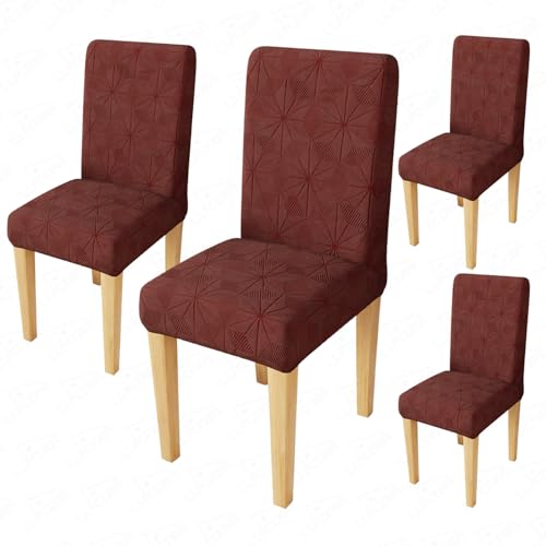 Image of Lukzer Elastic Dining Chair Cover - 4PC Pastel Deep Maroon Starlight | Textured High Stretch Jacquard Seat Cover | Removable Washable Short Dining Chair Cover Protector Seat Slipcover | (CC-145-04)