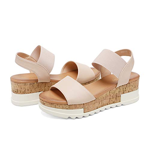 DREAM PAIRS DREAM PAIRS Womens Open Toe Elastic Strap Casual Flatform Platform Wedges Sandals,Size 9,Nude,REED-2