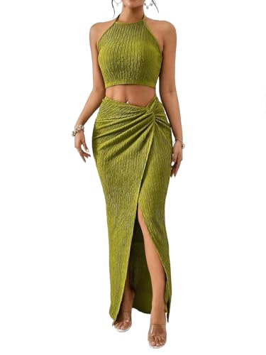 SKAYS Solid Color Cropped Vest Top And Fitted Hip Hugging Twist Front Slit Thigh Skirt Two Piece Set