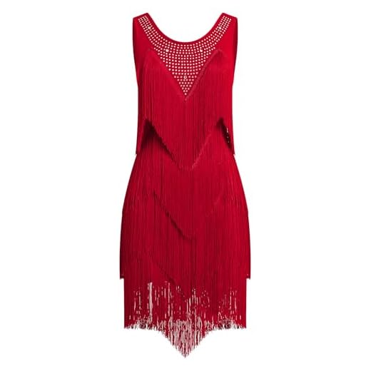 EFOGEP Damen Quaste Latin Dance Kleid Vintage 1920s Ärmellos Sexy Cocktail Party Fransen Flapper Fancy Kleider Mini Tango Samba Cha Cha Clubwear Ballroom Kostüme Rot M