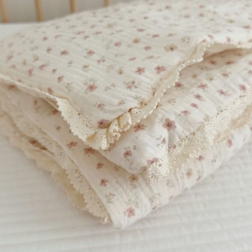 Image of BuLuTu Cotton Muslin Toddler Quilt Blanket for Girls Boys Cute Pink Floral Toddler Quilts Soft Lightweight Crib Blankets Children Bed Blankets, Machine Washable, 47x59 Inches