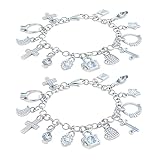 2PCS Charm Bracelet for Women Sterling Silver - Adjustable Dainty Layered Bracelets with 13 Charms, Silver Jewelry Gift for Women