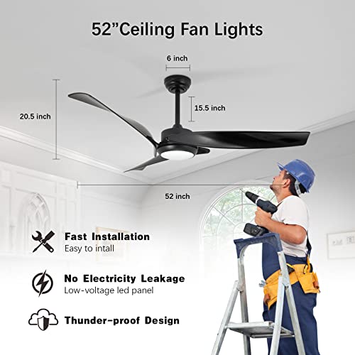 Raccroc Ceiling Fan With Lights Remote Control, 52Inch Ceiling Fans With 3 Reversible Blades, 6 Speeds Smart Timing Quiet Dc Motor, For Indoor/Outdoor Farmhouse Patios Bedroom Living Room（Black） #TOP2