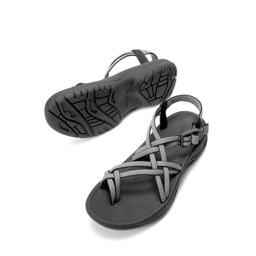 DREAM PAIRS DREAM PAIRS Women's Walking Sandals With Arch Support Elastic Strap Summer Sport Athletic Casual Hiking Outdoor Sandal,Size 10,Black/White,DWUMST2510