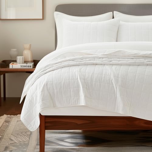EVERGRACEHOME 100% Cotton Box Stitch Quilt Set, King Size, Bright White