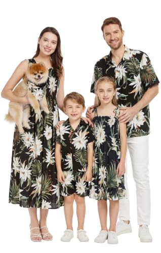 Image of Family Matching Hawaiian Clothes, Wispy Cereus Black | Lightweight 100% rayon • Family matching outfits • Tropical floral print • Beach vacations • Luaus • Cruises • Family photos