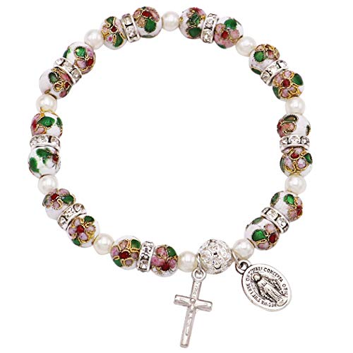 Rosemarie Collections Women's Cloisonne Beaded Stretch Rosary Bracelet with Crucifix and Miraculous Medal (White)