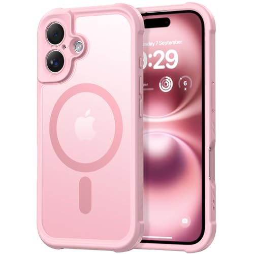 Thomo Magnetic for iPhone 16 Case, [Full Camera Protection] [Compatible with Magsafe] Military-Grade Shockproof, Anti-Fingerprint Translucent Matte Phone Case,Pink