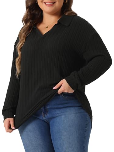 Image of Agnes Orinda Women's Plus Size Loose Polo V Neck Long Sleeve T Shirts Tops Collared Ribbed Brushed Top Sweater Casual