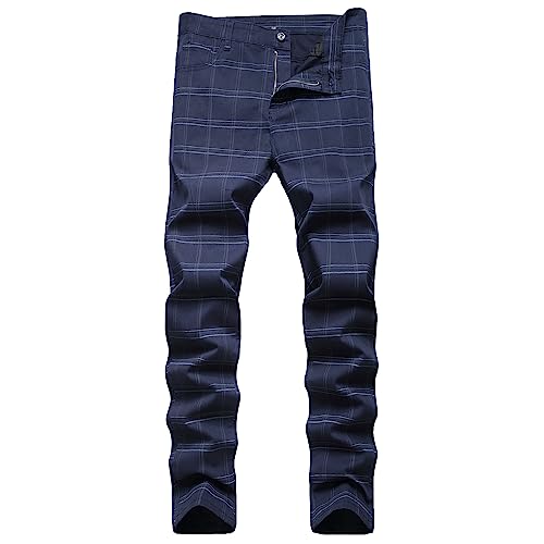 YIHUILONG Plaid Pants for Men, Stretch Mens Slim Fit Dress Pants Skinny Flat-Front Fashion Business Casual Chinos Pants(Blue40)