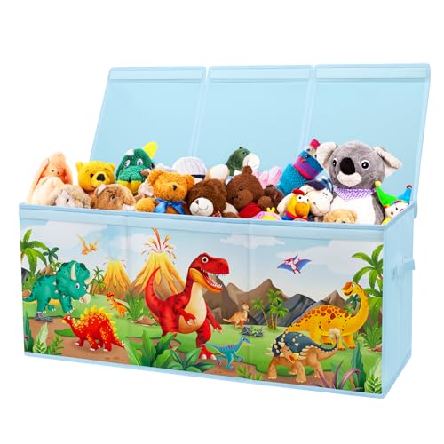 Caja de Juguete Extra Grande con Tapa Abatible, Caja Almacenaje Oxford Plegable con Asa para Niños Niñas, Baúl Juguetes y Almacenamiento Impermeable Resistente, 96×32×40 (Volcán de dinosaurios)