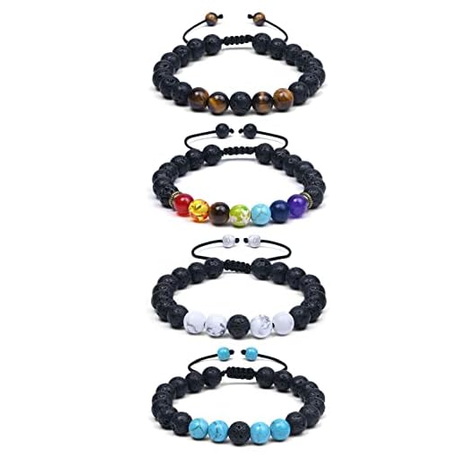 4Pcs Beads Bracelet, 8mm Natural Rock Stone Chakra Essential Oil Diffuser Aromatherapy Bracelet, Stress Relief Yoga Adjustable Bracelet for Gifts for Men Women, 9 inches