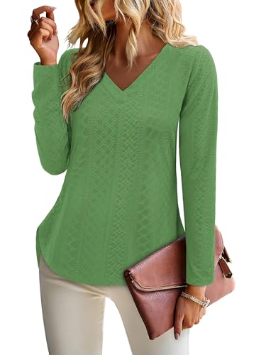 KISSMODA Long Sleeve Fall Shirts For Women V Neck Tunic Tops Embroidered Button Down Knitted Blouses 2025