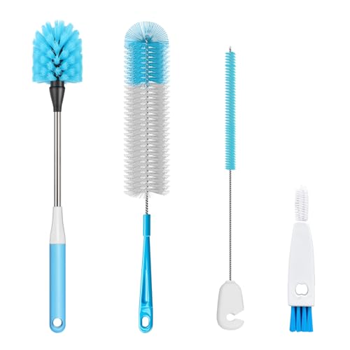 4-in-1 Bottle Brush, 16 Inches Stainless Steel Bottle Cleaner Brush with Long Handle Narrow Neck Bottle Brush, Straw Brush & Lid Brushe for Cleaning Wine Glasses,Coffee Mugs,Tumblers,Wine Decanters