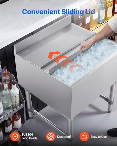 Image of VEVOR Commercial Ice Bin Stainless Steel Ice Chest with Sliding Lid, 24H Long-Lasting Insulation, Cooler Cart Cocktail Unit for Bar Restaurant Pub, NSF, 24 Inch