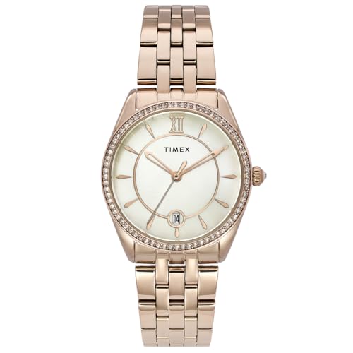 TIMEX Analog Watch for Woman with Natural Round Dial & Rose Gold Stainless Steel Bracelet Band Water Resistant Women's Wrist Watches - TWEL25102