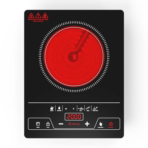 VBGK Placa Vitrocerámica 1 Fuegos 2000W, Indicador de Alta Temperatura, Controles Táctiles, Bloqueo para Niños, 8 Niveles de Potencia, Cocina de Cerámica para Todas Ollas