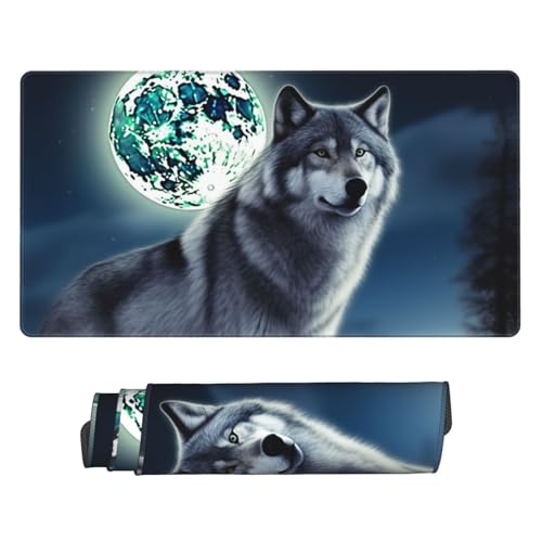 Tapis de souris de jeu loup sous la lune aux bords cousus de haute précision