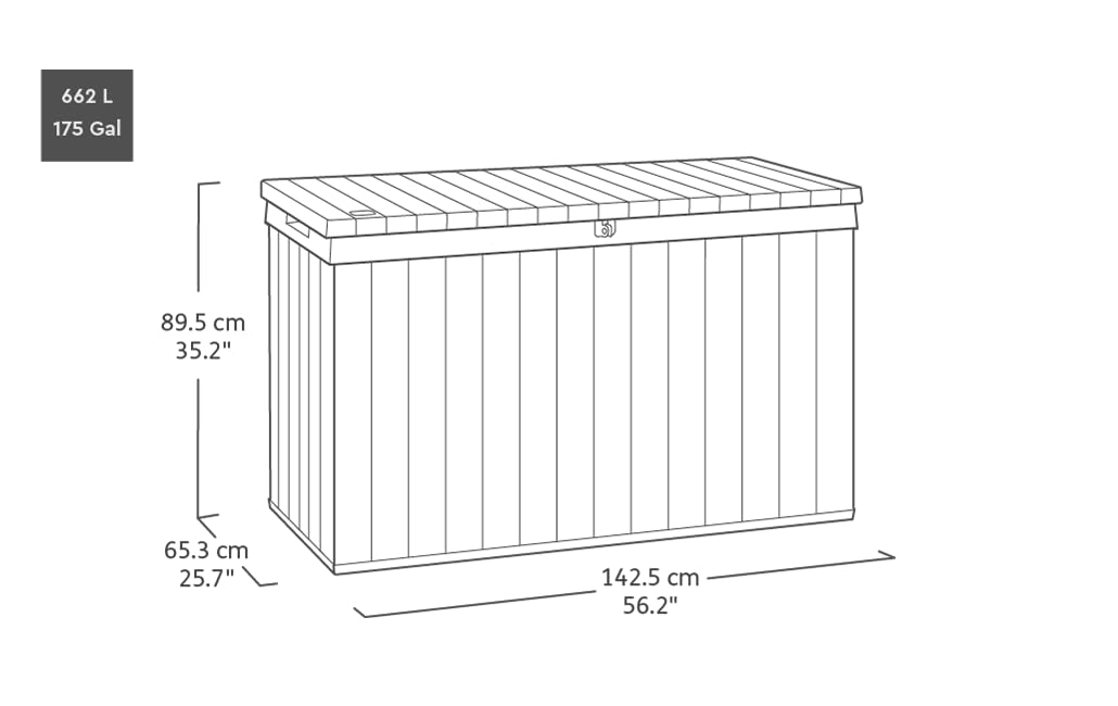 Keter Darwin Gartenbox 662L Braun – Wetterfeste Outdoor Aufbewahrungsbox in Holzoptik, abschließbarer Deckel mit Hydrauliksystem, UV-geschützt, wartungsfrei, Sitzgelegenheit für 2 Personen