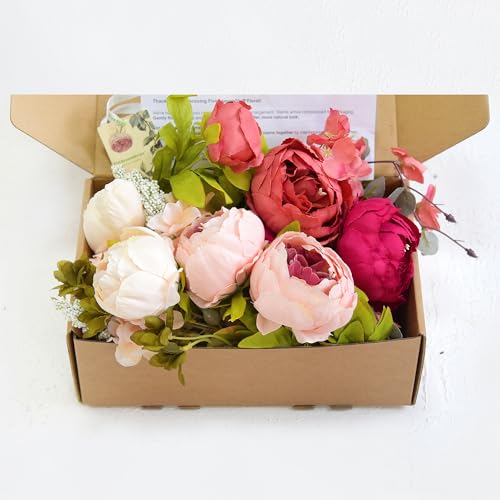 Image of FiveSeasonStuff Pinkish Red and Dusty Pink Vintage Artificial Peonies Silk Flowers and Hydrangeas for Wedding Bridal Home Decor - Beautiful Floral Centerpiece Bouquet (Passion Blush)