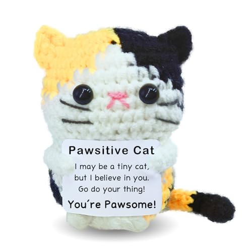 Zelaxeyi Mini Positive Crochet Cat Suitable for Women and Men Christmas Birthday Gifts,Handmade Crochet Emotional Support Cat Suitable for Retirement Boss Thank You Gift