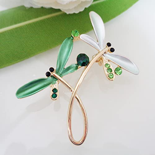 Image of Navachi 18k Gold Plated Multicolor Enamel White Crystal Double Dragonfly Wings Brooch Pins