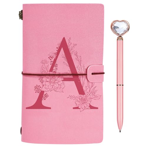 Cuaderno de Cuero Inicial, Diario Cuaderno con Bolígrafo de Diamante de Corazón, Cuaderno de Viaje Rellenable Bloc de Notas, Regalo Cumpleaños Navidad para Niña Mujeres Amigas Profesores Hermana A