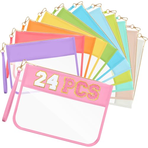 Sweetude 24 Pcs Clear Makeup Bags with Wristlet Bag DIY Chenille Letter Bag Bulk Waterproof Toiletry Bag Flat Preppy Nylon Clear Zipper Pouches Snack Organizer for Women
