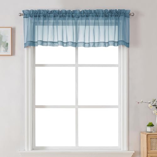 Image of Chyhomenyc Sheer Valances for Windows 2 Pack, Small Window Curtains for Living Room Bathroom Cafe Laundry Basement, Modern Top Dual Rod Pocket Voile Curtain, 42W x 18L inches, Stone Blue