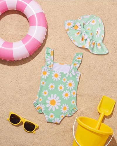 WKTRSM Badeanzug für kleine Mädchen – Einteiliger Baby-Badeanzug mit Sonnenhut – Niedliche Strand-Bademode – Schnell trocknender Badeanzug für Kinder von 3 bis 36 Monaten