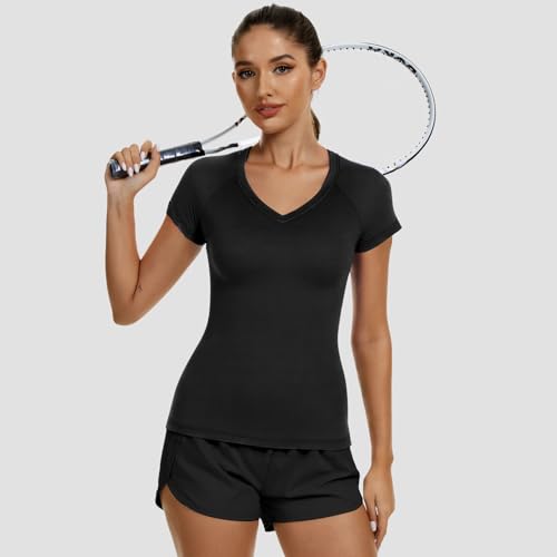 Coume 4 Pack Women's Compression Shirts Dry Athletic T Shirts Short Sleeve V Neck Fit Workout Tops Tight Running Yoga Tee2