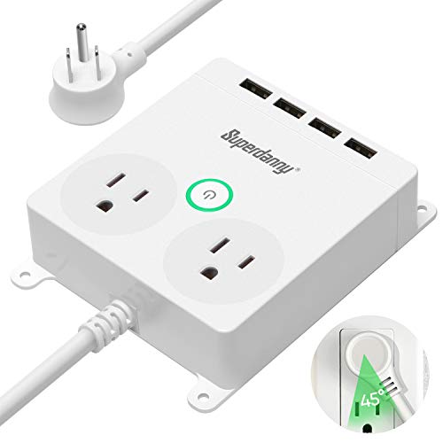 Power Strip with USB - SUPERDANNY Wall Mountable Flat Plug Outlet Extender with 6ft Extension Cord, Desktop Charging Station with 2 AC Outlets & 4 USB Slots for iPhone iPad Samsung LG PC Laptop, White