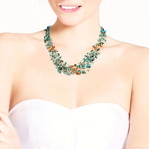 Aeravida Silver Thread Simulated Amber And Simulated Turquoise Multistrand Handmade Collar Necklace #TOP2