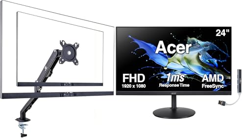 Image of Acer 24 inch FHD IPS Monitor with 1ms Response Time, AMD FreeSync, Anti-Glare, Built-in Speakers, 250 nits Brightness, VESA Mount (100mm), HDMI, VGA, Black Color w /DKZ Hub & ErgoFlexy Single Mount Arm