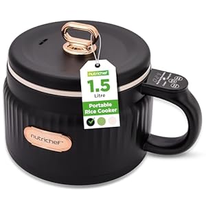 NutriChef Portable Electric Rice Cooker, 1.6L Mini Cooker with Non-Stick Ceramic Pot, Digital Control Panel, 6 Cooking Modes for Rice, Soup, Stew, Porridge & More, Black