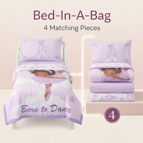 Image of EVERYDAY KIDS 4 Piece Toddler Bedding Set - African American Ballerina - Includes Comforter, Flat Sheet, Fitted Sheet and Reversible Pillowcase - Girls Toddler Bedding