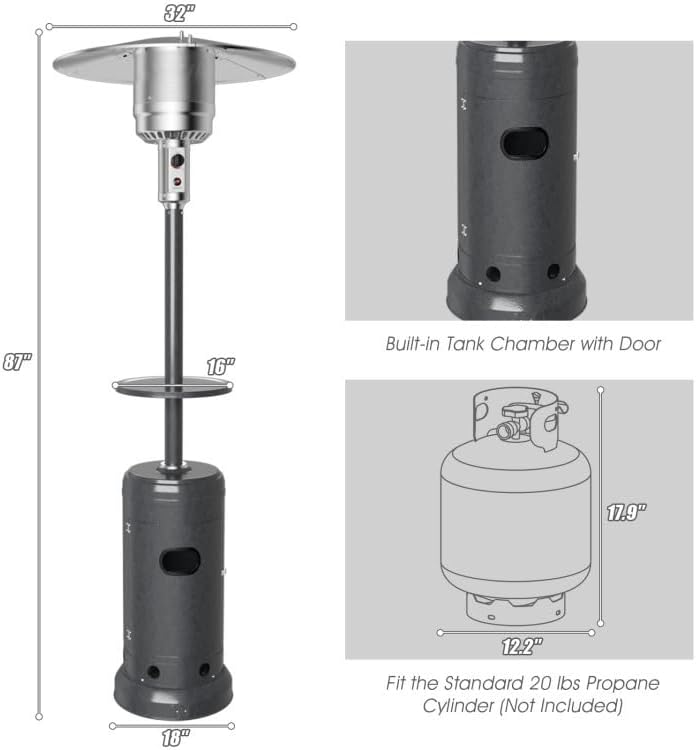 Propane Outdoor Heater 48000BTU 87in Steel Standing Design with Built-in 16in Table, 2 Wheels, Reflective Dome & Anti-Tip Mechanism