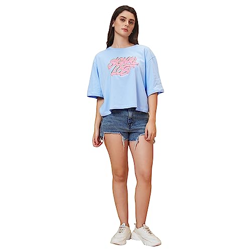Image of Globus Women Blue Printed Round Neck Casual Boxy Fit T-shirt-3638180001