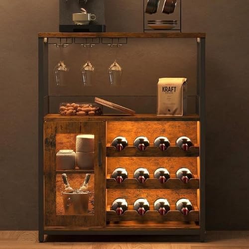 Garvee Armario para vinos Industrial con botellero Ajustable y Soporte para Cristal, Almacenamiento de Bebidas, Armario para Cocina, Comedor, salón, 70 x 35 x 92 cm, Gris Oscuro
