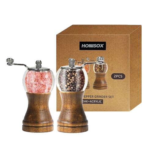 Salt Pepper Mills Retro Wooden Salt and Pepper Grinder Set (5 Inch) – Manual Hand Crank Spice Mills with Adjustable Ceramic Grinder, Refillable Acrylic Jar for Kitchen BBQ Restaurant & Holiday Gifts