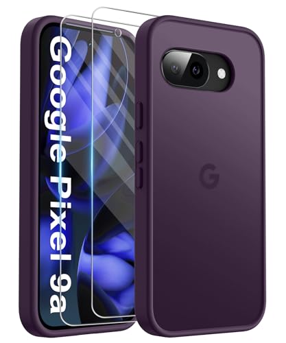 FLLAO Matt Handyhülle für Google Pixel 9a Hülle und 2 Schutzfolie mit Kameraschutz [Militärnorm Schutz] urchscheinende PC Rückseite TPU Bumper Hülle für Google Pixel 9a - Dunkelviolett