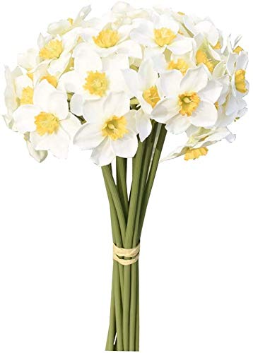 HOVEYY 12pcs White Artificial Daffodils Flowers,Artificial Narcissus Flower Bouquet,Faux Daffodils Plants Flower Arrangement for Party Home Decoration