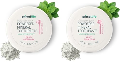 Image of Primal Life Organics - Dirty Mouth Toothpowder, Tooth Cleaning Powder, Flavored Essential Oils with Natural Kaolin & Bentonite Clay, Good for 200+ Brushings, Organic, Vegan (Sweet Bubblegum, 0.25 oz)