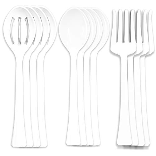 12 White Plastic Serving Utensils 115” Length 4 Spoons 4 Forks 4 Strainer Spoons Large Disposable Utensils Buffet Catering Parties
