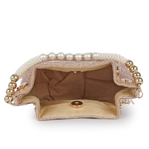 Image of Nevis PU Silk Fabric Women's Embellished Potli Bag with Pearl Handle & Fringe Detailing | Designe Wedding & Festive Handbag
